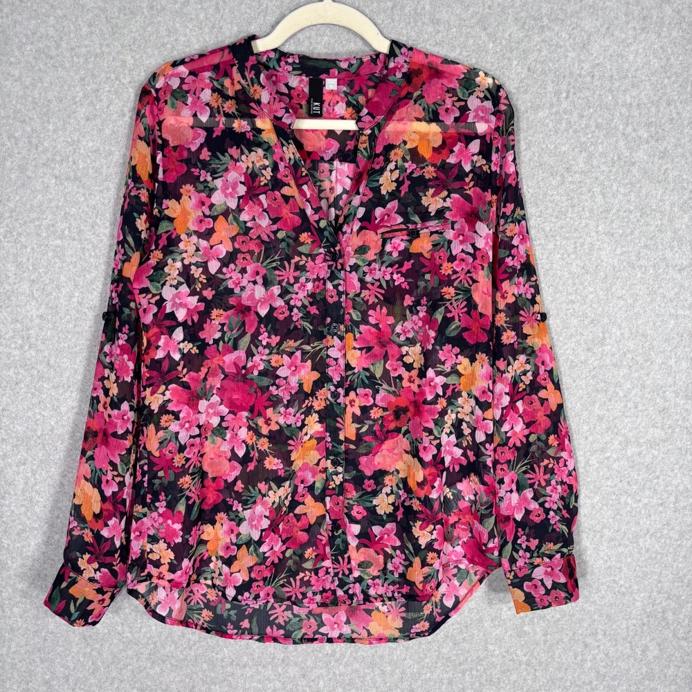 KUT from the Kloth Sheer Floral Blouse‎ Size M Button Up Feminine Dark Romantic